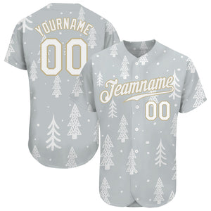 Custom Gray White-Old Gold Christmas 3D Authentic Baseball Jersey