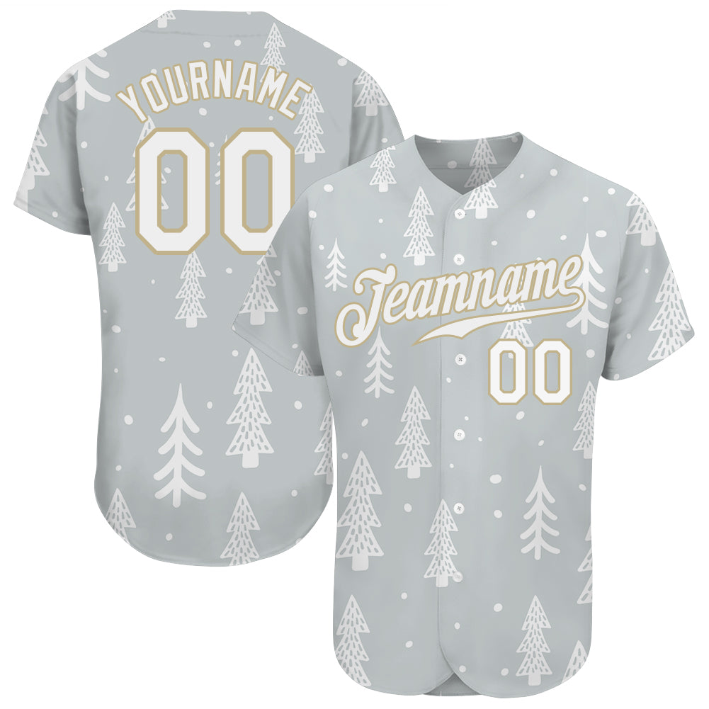 Custom Gray White-Old Gold Christmas 3D Authentic Baseball Jersey