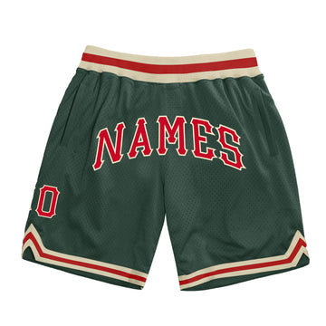 Custom Hunter Green Red-Cream Authentic Throwback Basketball Shorts