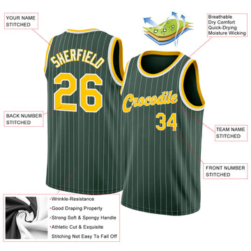 Custom Hunter Green White Pinstripe Gold-White Authentic  Basketball Jersey