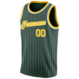 Custom Hunter Green White Pinstripe Gold-White Authentic Throwback Basketball Jersey