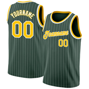 Custom Hunter Green White Pinstripe Gold-White Authentic Throwback Basketball Jersey