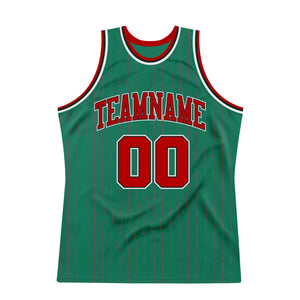 Custom Kelly Green Red Pinstripe Red-Black Authentic Throwback Basketball Jersey