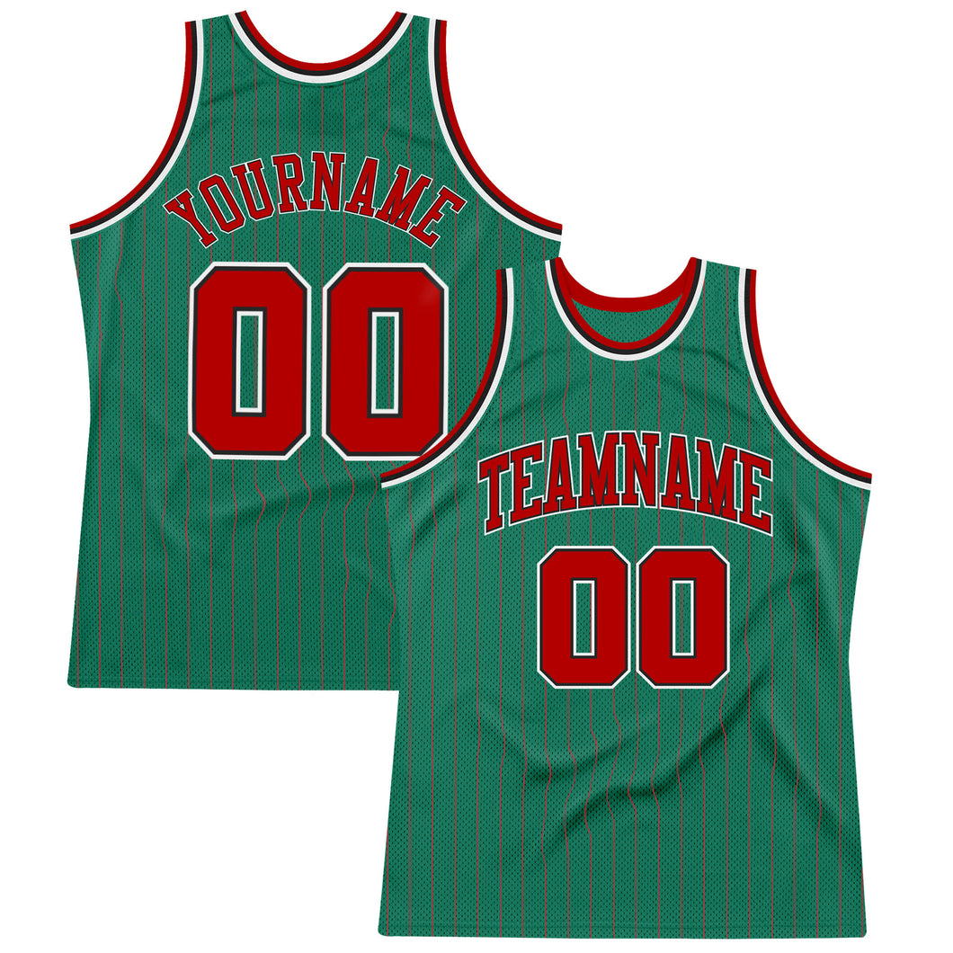 Custom Kelly Green Red Pinstripe Red-Black Authentic Throwback Basketball Jersey