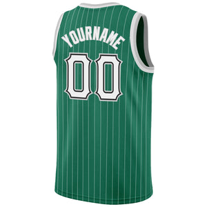 Custom Kelly Green White Pinstripe White-Gray Authentic Basketball Jersey