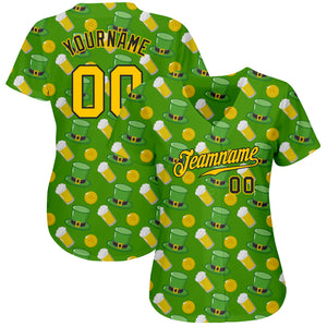 Custom Kelly Green Gold-Black 3D Pattern Design Authentic St. Patrick's Day Baseball Jersey