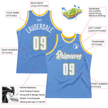 Load image into Gallery viewer, Custom Light Blue White-Gold Authentic Throwback Basketball Jersey
