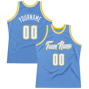 Custom Light Blue White-Gold Authentic Throwback Basketball Jersey