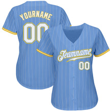 Load image into Gallery viewer, Custom Light Blue White Pinstripe White-Gold Authentic Baseball Jersey
