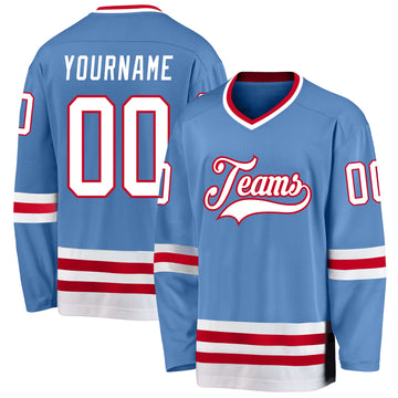 Custom Light Blue White-Red Hockey Jersey