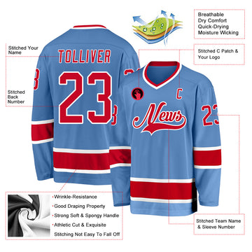 Custom Light Blue Red-White Hockey Jersey