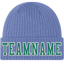 Load image into Gallery viewer, Custom Light Blue Kelly Green-White Stitched Cuffed Knit Hat

