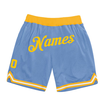 Custom Light Blue Gold Authentic Throwback Basketball Shorts