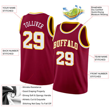 Custom Maroon White-Gold Round Neck Rib-Knit Basketball Jersey