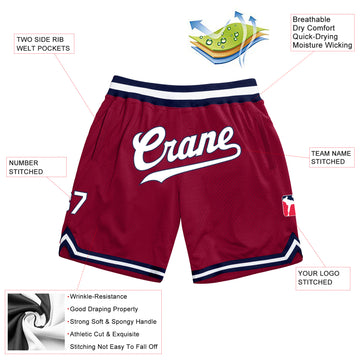 Custom Maroon White-Navy Authentic Throwback Basketball Shorts