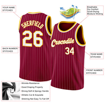 Custom Maroon White Pinstripe White-Gold Authentic Throwback Basketball Jersey