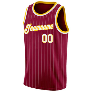Custom Maroon White Pinstripe White-Gold Authentic  Basketball Jersey