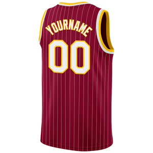 Custom Maroon White Pinstripe White-Gold Authentic Throwback Basketball Jersey
