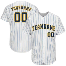 Load image into Gallery viewer, Custom White Royal Pinstripe Navy-Gold Baseball Jersey
