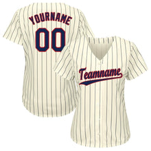 Load image into Gallery viewer, Custom Cream Navy Pinstripe Navy-Red Baseball Jersey
