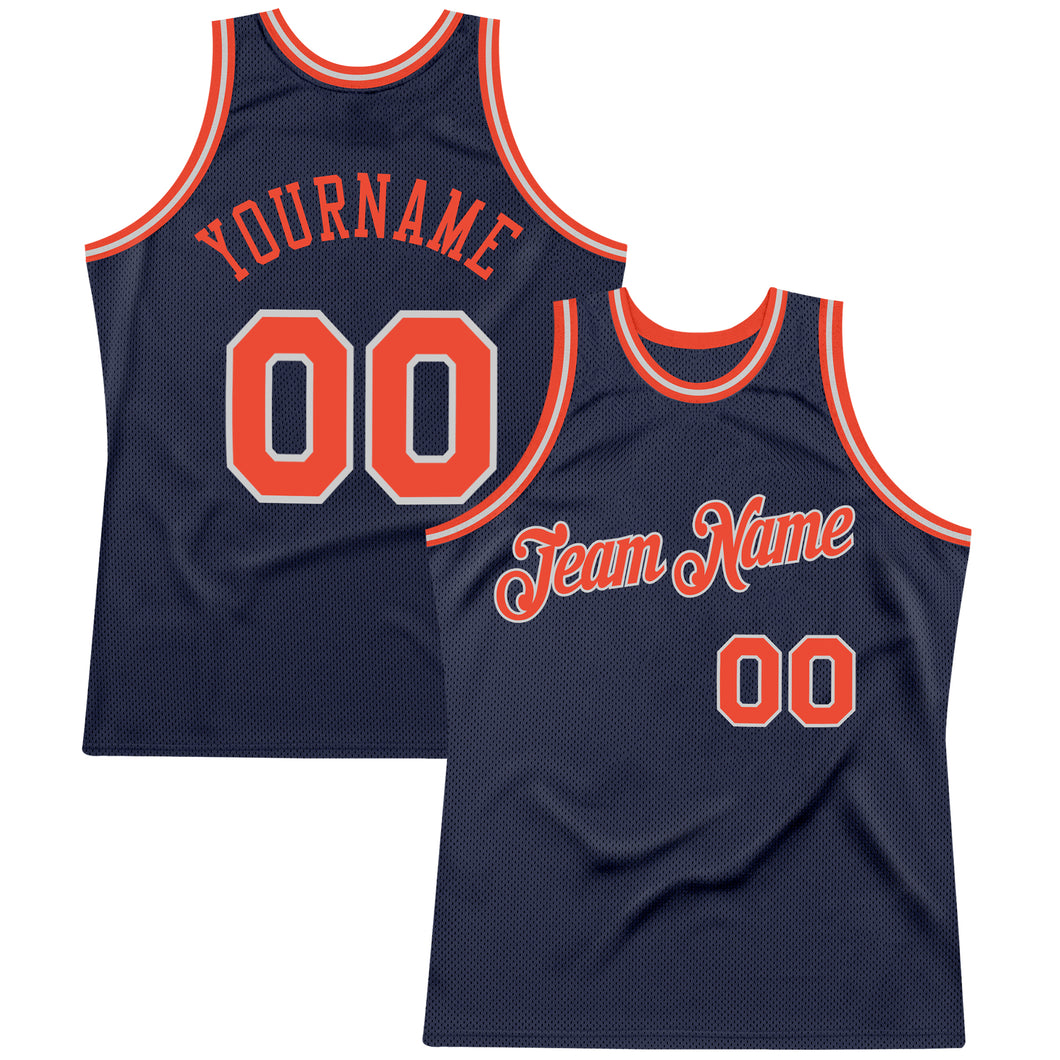 Custom Navy Orange-Gray Authentic Throwback Basketball Jersey