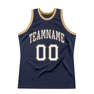 Custom Navy White-Old Gold Authentic Throwback Basketball Jersey