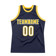 Load image into Gallery viewer, Custom Navy White-Gold Authentic Throwback Basketball Jersey

