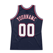 Load image into Gallery viewer, Custom Navy White-Red Authentic Throwback Basketball Jersey
