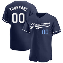 Load image into Gallery viewer, Custom Navy White-Light Blue Authentic Baseball Jersey
