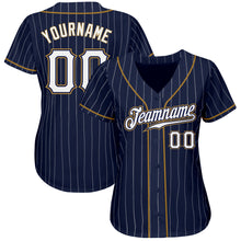 Load image into Gallery viewer, Custom Navy White Pinstripe White-Old Gold Authentic Baseball Jersey
