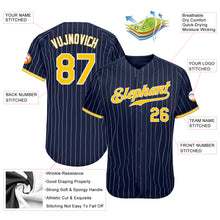 Load image into Gallery viewer, Custom Navy White Pinstripe Gold-White Authentic Baseball Jersey
