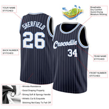 Load image into Gallery viewer, Custom Navy White Pinstripe White-Light Blue Authentic Throwback Basketball Jersey
