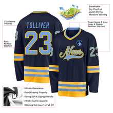 Load image into Gallery viewer, Custom Navy Light Blue-Gold Hockey Jersey

