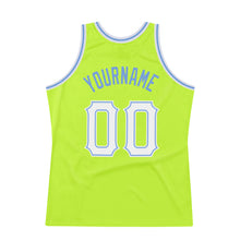Load image into Gallery viewer, Custom Neon Green White-Light Blue Authentic Throwback Basketball Jersey
