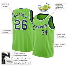 Load image into Gallery viewer, Custom Neon Green White Pinstripe Navy-White Authentic Basketball Jersey

