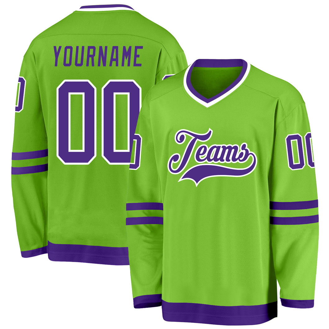 Custom Neon Green Purple-White Hockey Jersey