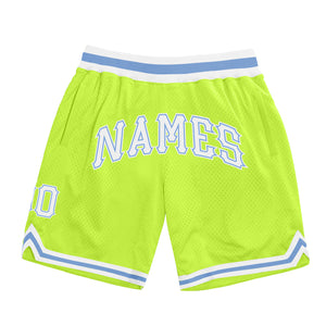 Custom Neon Green White-Light Blue Authentic Throwback Basketball Shorts