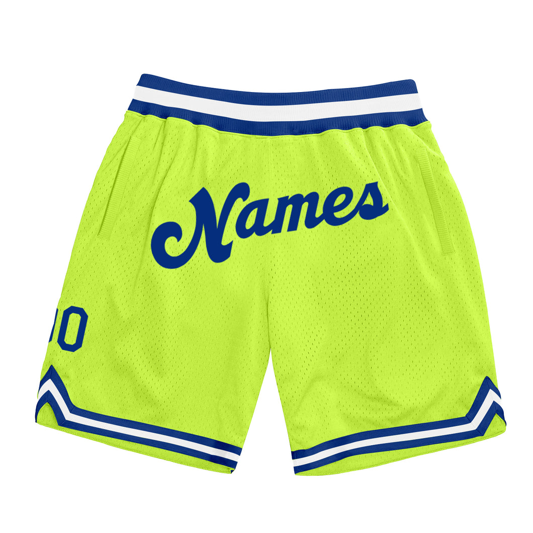 Custom Neon Green Royal-White Authentic Throwback Basketball Shorts