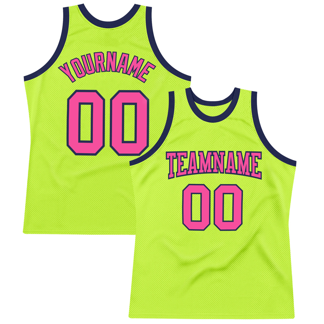Custom Neon Green Pink-Navy Authentic Throwback Basketball Jersey