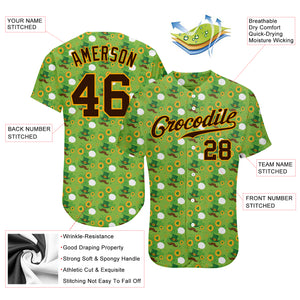 Custom Neon Green Brown-Gold 3D Pattern Design Authentic St. Patrick's Day Baseball Jersey