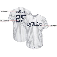 Load image into Gallery viewer, Custom White Navy Pinstripe Navy Baseball Jersey
