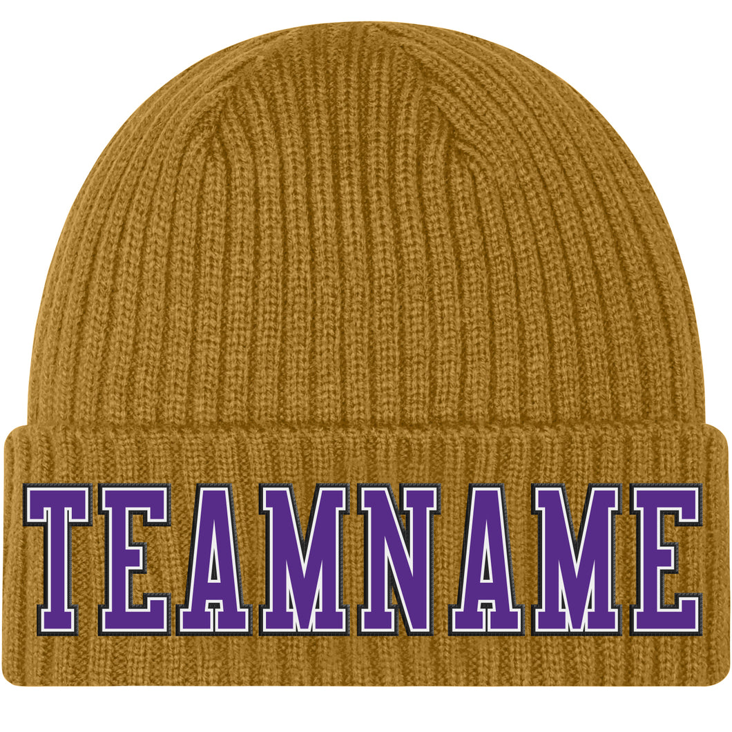 Custom Old Gold Purple-Black Stitched Cuffed Knit Hat