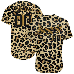 Custom Old Gold Black-Old Gold 3D Pattern Design Leopard Authentic Baseball Jersey