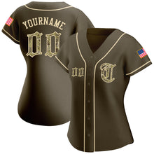 Load image into Gallery viewer, Custom Olive Camo-City Cream Authentic American Flag Fashion Salute To Service Baseball Jersey
