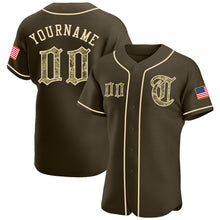 Load image into Gallery viewer, Custom Olive Camo-City Cream Authentic American Flag Fashion Salute To Service Baseball Jersey
