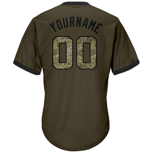 Custom Olive Camo-Black Authentic Throwback Rib-Knit Salute To Service Baseball Jersey Shirt