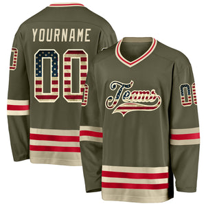 Custom Olive Vintage USA Flag-Cream Salute To Service Hockey Jersey