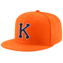 Load image into Gallery viewer, Custom Orange Navy-White Stitched Adjustable Snapback Hat
