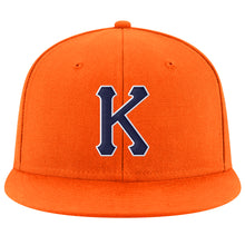Load image into Gallery viewer, Custom Orange Navy-White Stitched Adjustable Snapback Hat
