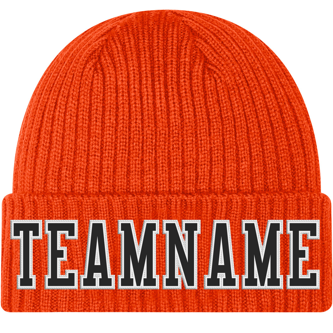 Custom Orange Black-White Stitched Cuffed Knit Hat